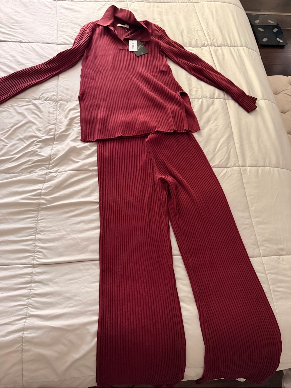 Ribbed Wide-Leg Knit Pants Set in Burgundy - Women Pants & Jumpsuits Wide Leg